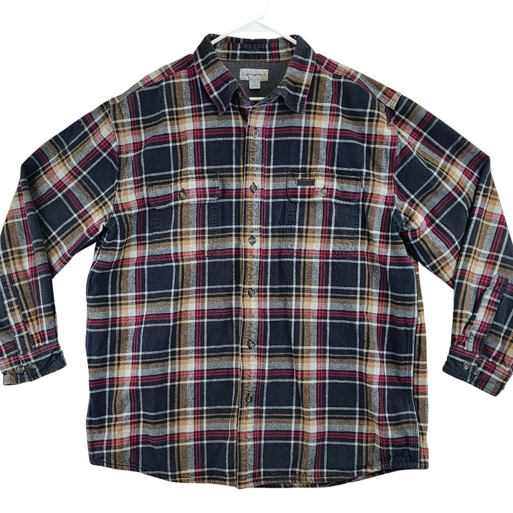 Carhartt Thermal Lined Plaid Flannel Chore Shirt Mens XL‎ Black Red Workwear